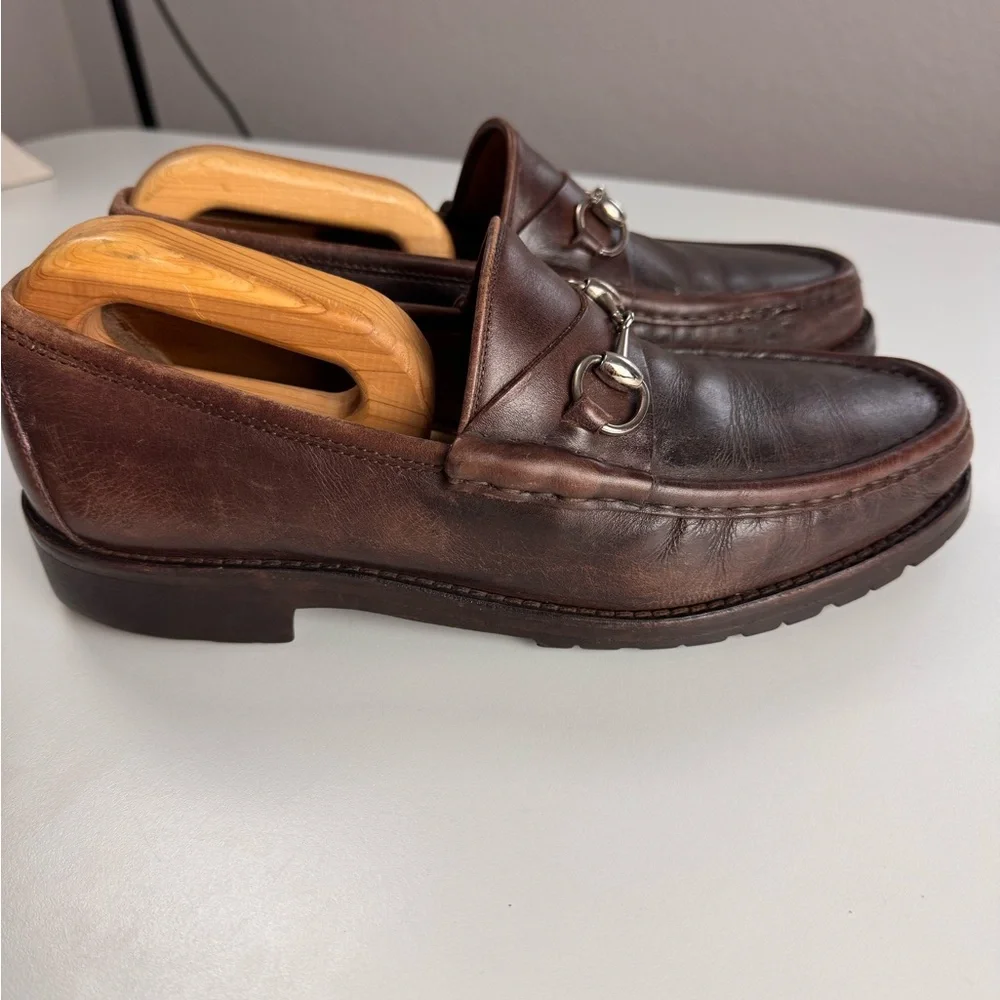 Gucci Horsebit Men's Brown Leather Silver Tone Metal Loafers Shoes 10.5